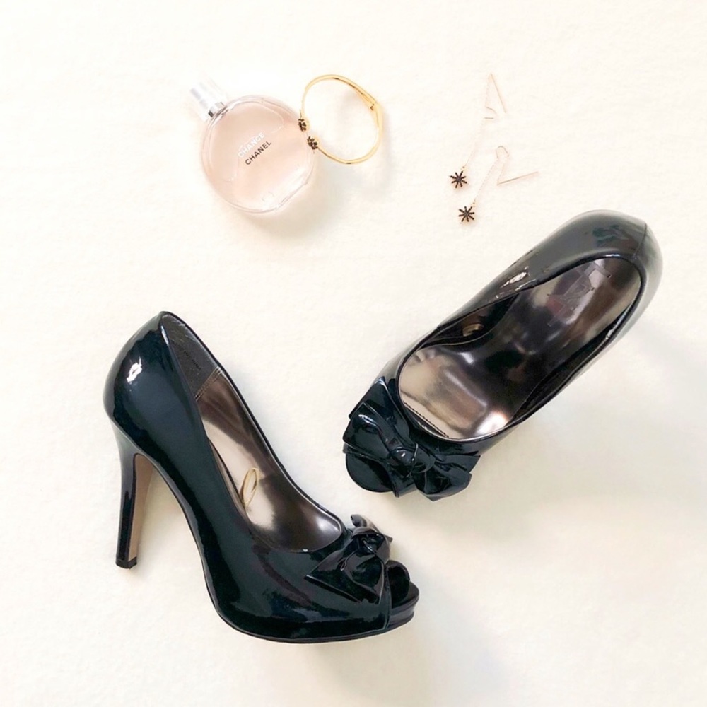 Zara Black Peep Toe Stiletto Heels Bow Detail Faux Vegan Patent Leather Shoes